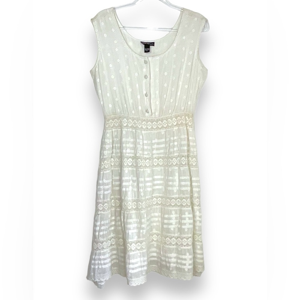 Vintage Dress Cream‎ Lace Midi Coquette Boho White Polka Dot Cotton Size Medium